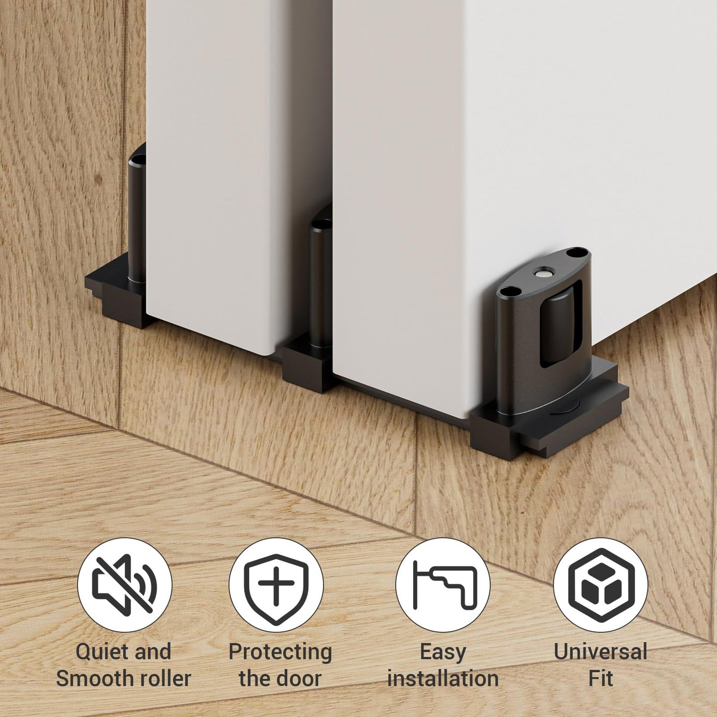 Sliding Closet Door Floor Guide Barn Door Bottom Guides for Bypass Double Door Floor Mount, Update Adjustable 3-Rollers Black