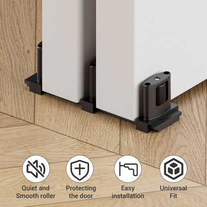 Sliding Closet Door Floor Guide Barn Door Bottom Guides for Bypass Double Door Floor Mount, Update Adjustable 3-Rollers Black