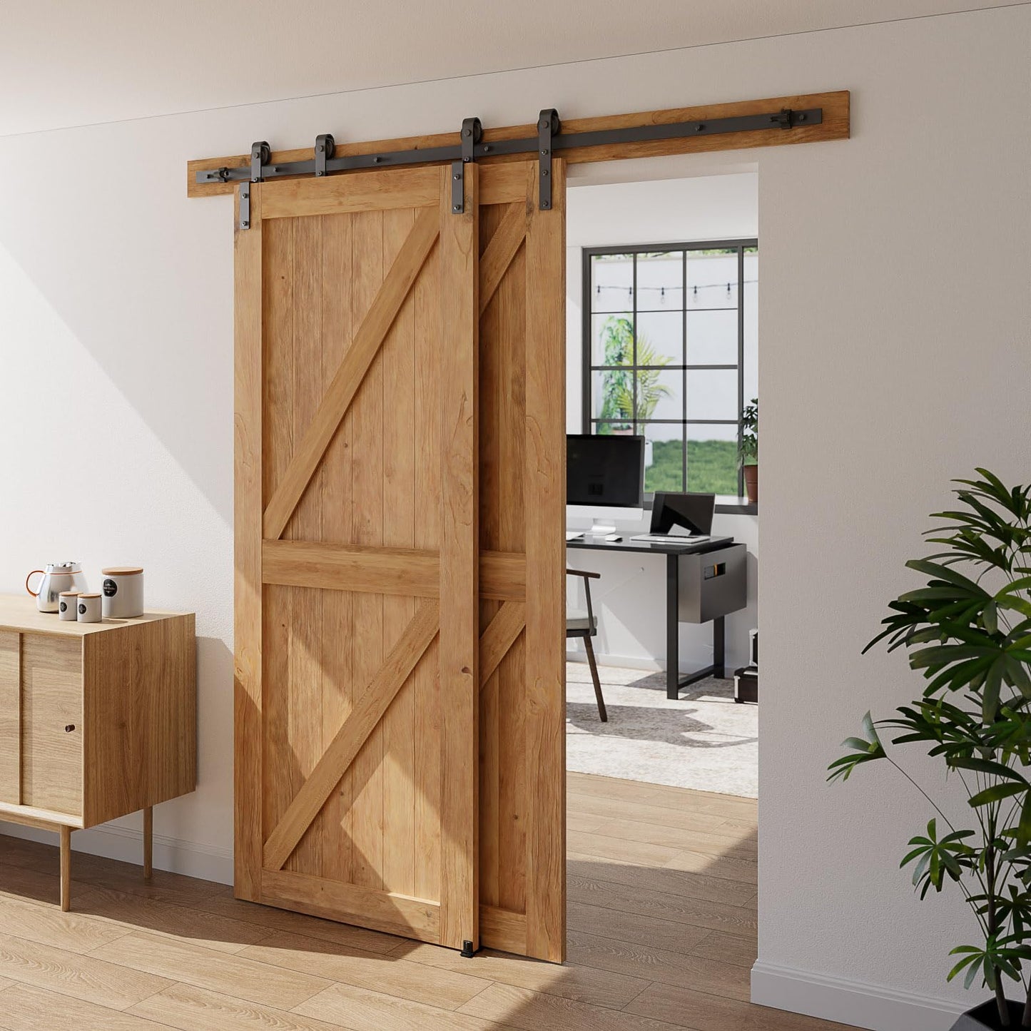 6 Feet Bypass Sliding Barn Door Hardware Kit for Double Wooden Doors-Single Track with Bypass Door Floor Guide