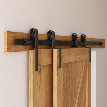 8 Feet Bypass Sliding Barn Door Hardware Kit for Double Wooden Doors-Single Track with Bypass Door Floor Guide