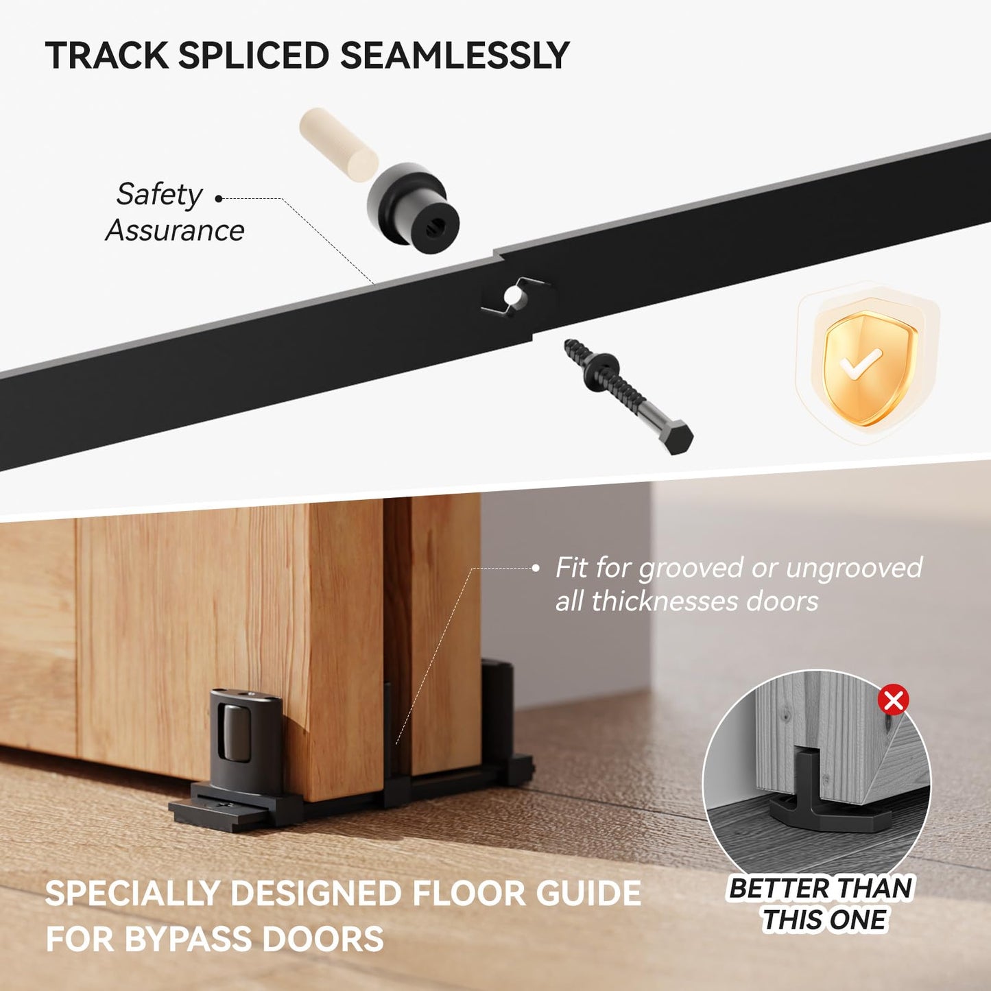 6 Feet Bypass Sliding Barn Door Hardware Kit for Double Wooden Doors-Single Track with Bypass Door Floor Guide