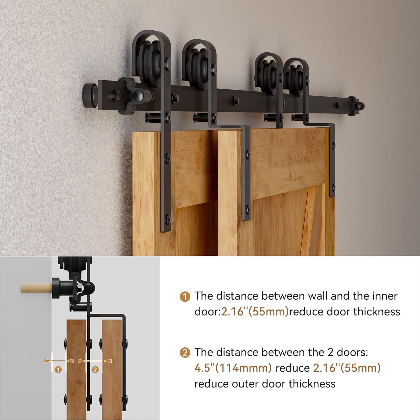 5 Feet Bypass Sliding Barn Door Hardware Kit for Double Wooden Doors-Single Track with Bypass Door Floor Guide