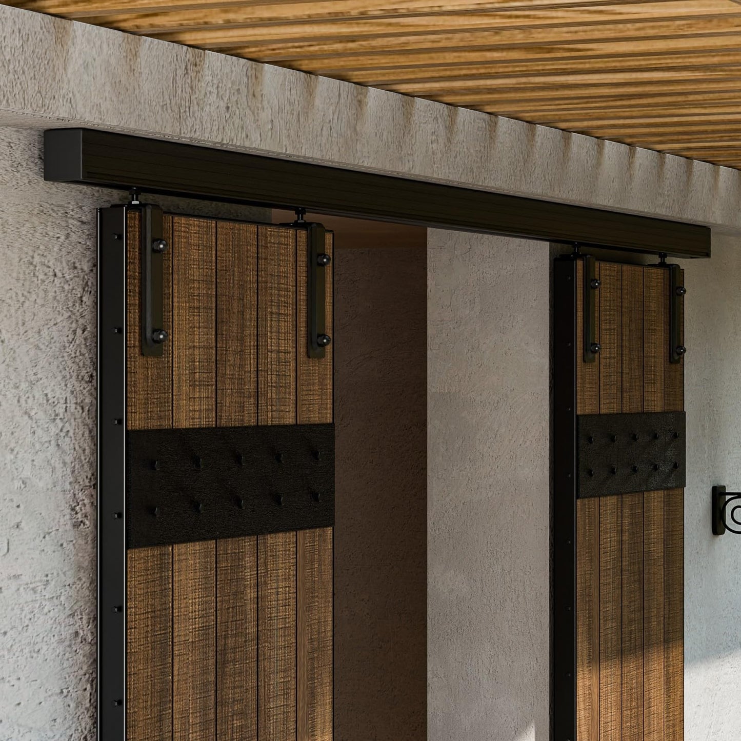 12FT/144'' Double Barn Door Hardware Sliding Box Rail Kit Ceiling Mount for Exterior Interior Door Heavy Duty Black No Door