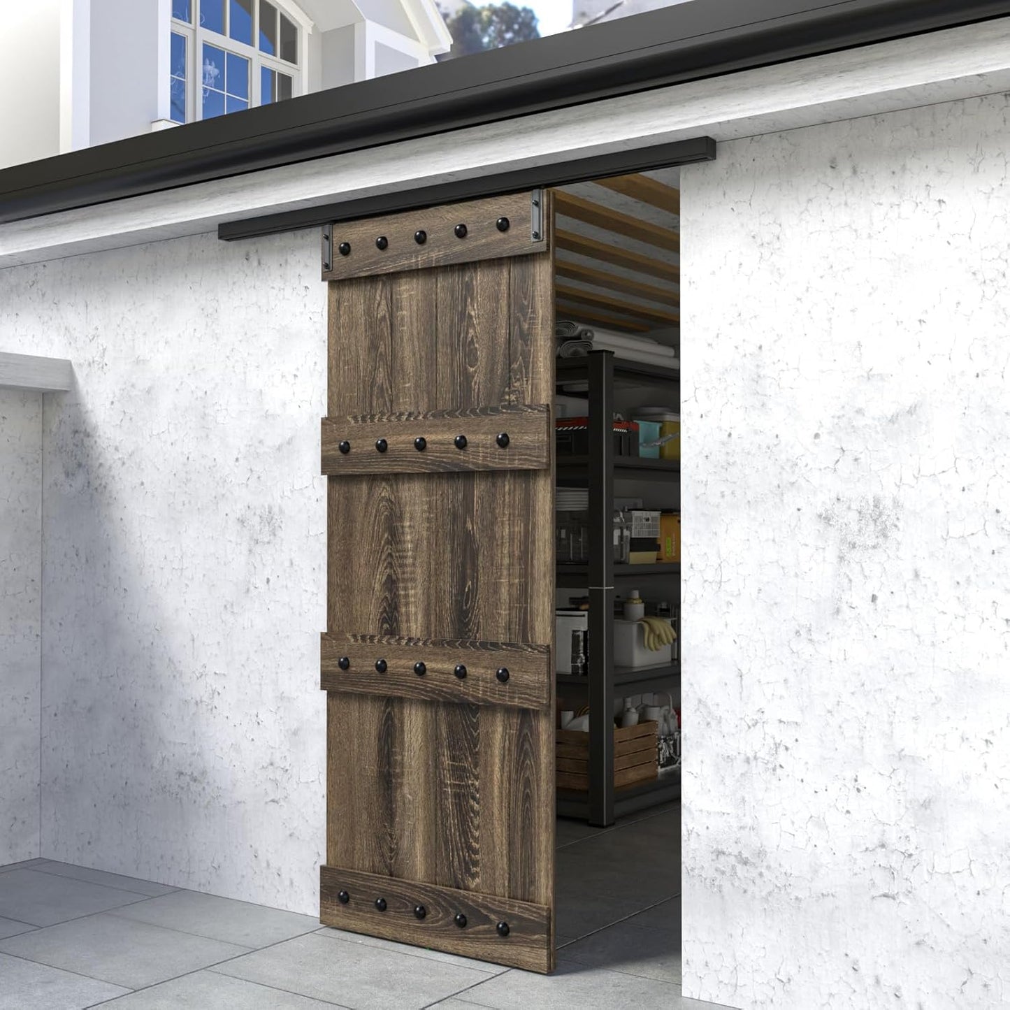 5FT/60'' Box Rail Sliding Barn Door Hardware Kit Ceiling Mount for Exterior Interior Use Heavy Duty Black,No Door