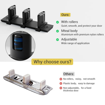 Sliding Closet Door Floor Guide Barn Door Bottom Guides for Bypass Double Door Floor Mount, Update Adjustable 3-Rollers Black