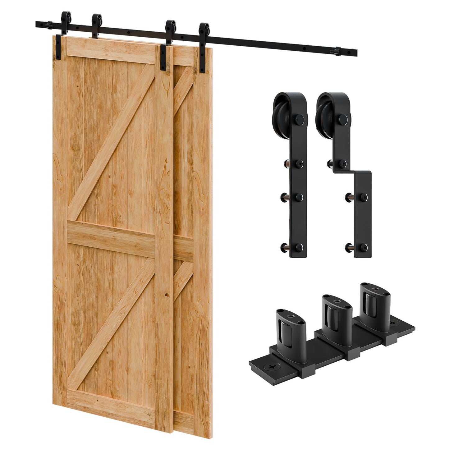 10 Feet Bypass Sliding Barn Door Hardware Kit for Double Wooden Doors-Single Track with Bypass Door Floor Guide