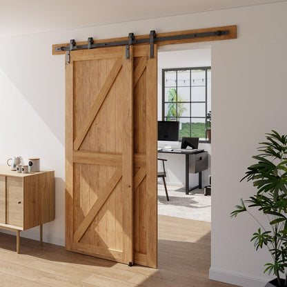 6.6 Feet Bypass Sliding Barn Door Hardware Kit for Double Wooden Doors-Single Track with Bypass Door Floor Guide